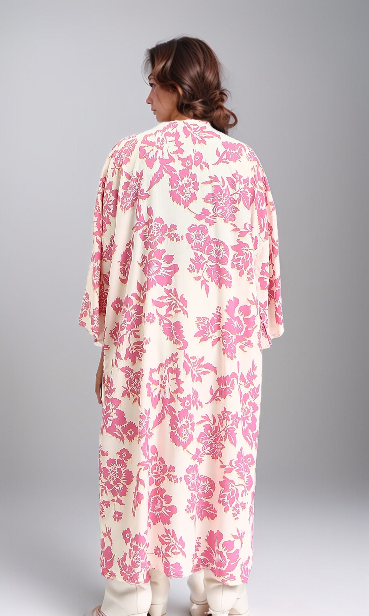 R206066 - Open Neckline Casual Floral Cardigan - Hot Pink & Beige