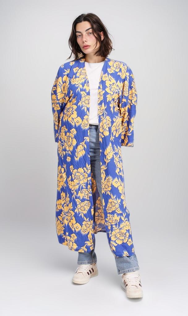 R206067 - Floral Printed Rayon Kimono - Blue & Yellow