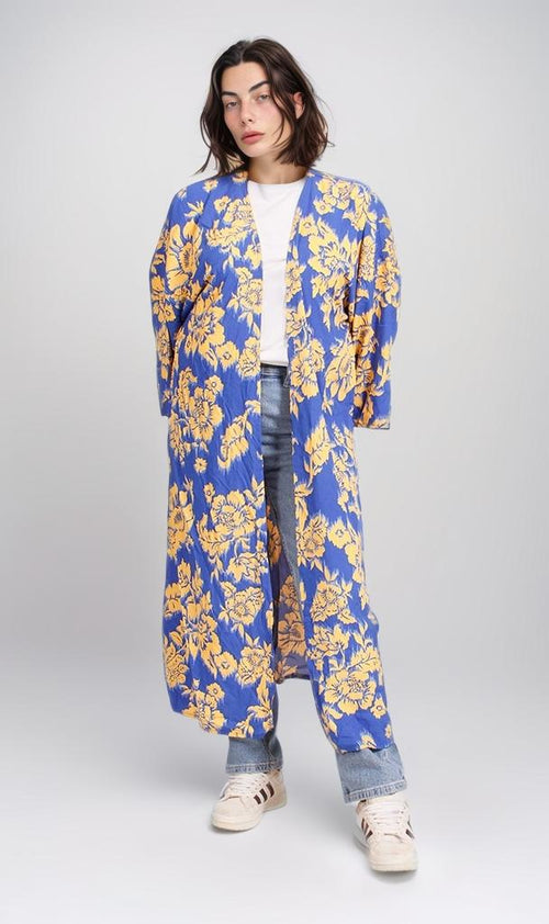 R206067 - Floral Printed Rayon Kimono - Blue & Yellow
