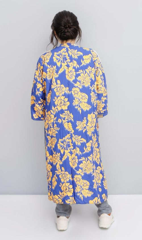 R206067 - Floral Printed Rayon Kimono - Blue & Yellow
