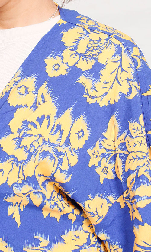 R206067 - Floral Printed Rayon Kimono - Blue & Yellow