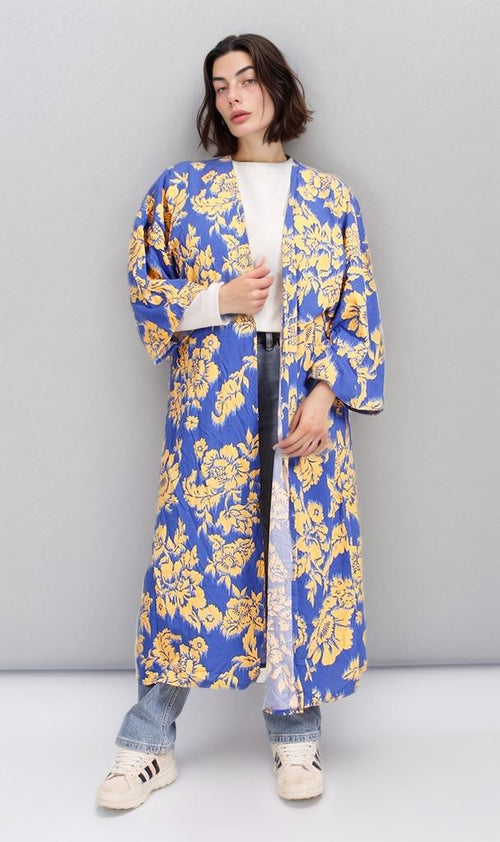 R206067 - Floral Printed Rayon Kimono - Blue & Yellow
