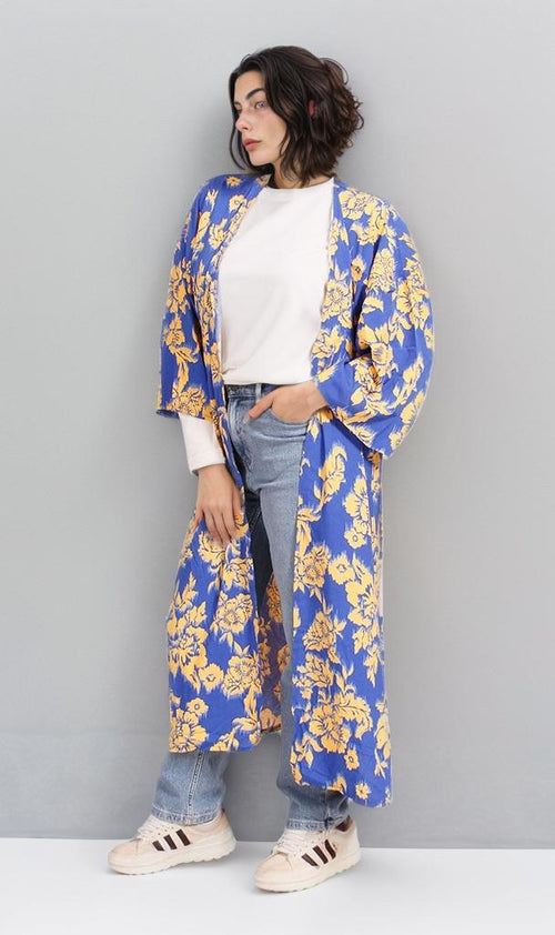 R206067 - Floral Printed Rayon Kimono - Blue & Yellow