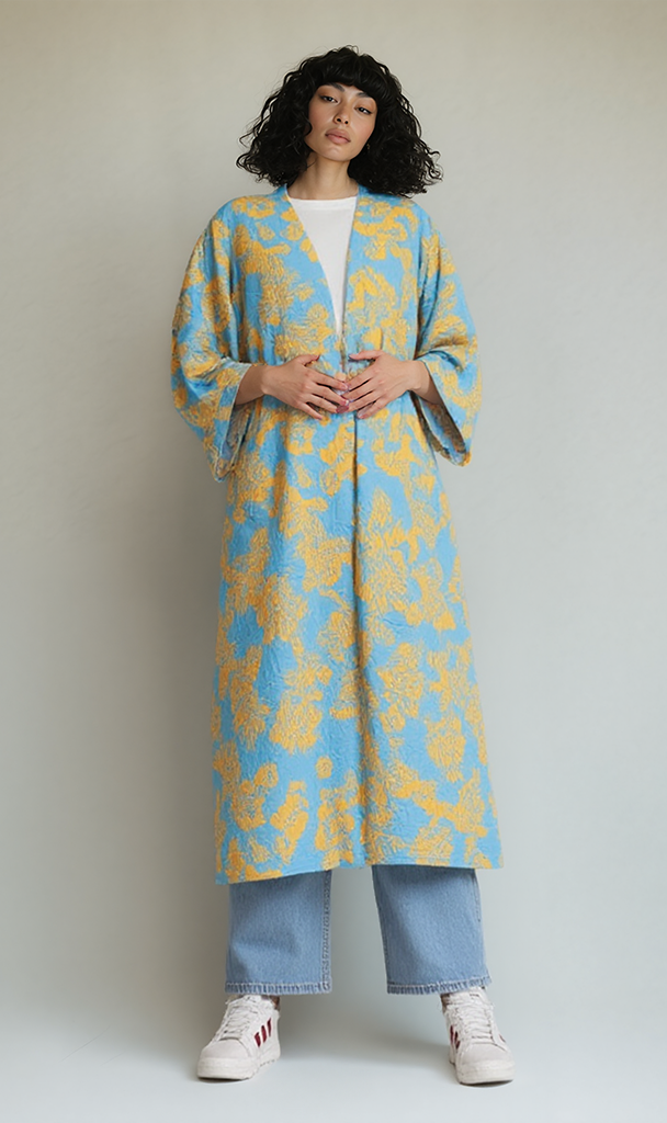 Printed Rayon Kimono - Blue & Yellow Floral