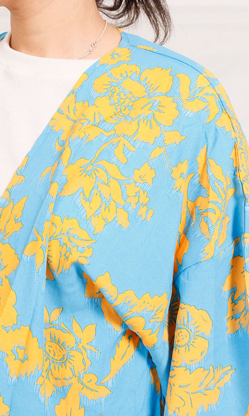 R206068 - Printed Rayon Kimono - Blue & Yellow Floral