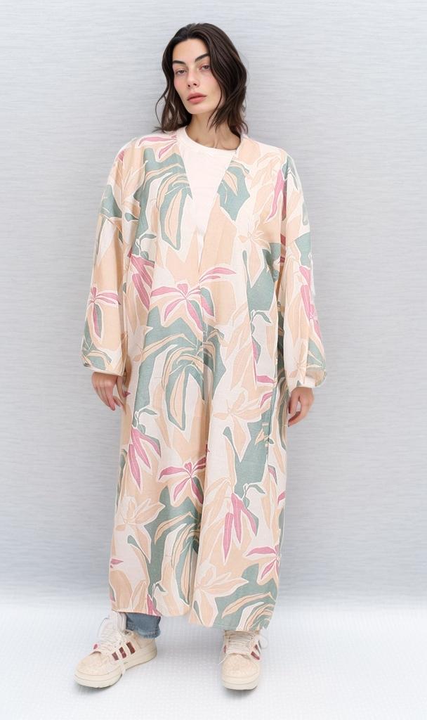 R206069 - Printed Linen Look Kimono - Beige & Green Floral