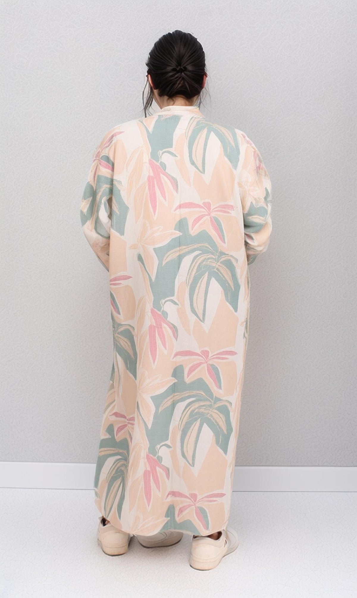 R206069 - Printed Linen Look Kimono - Beige & Green Floral