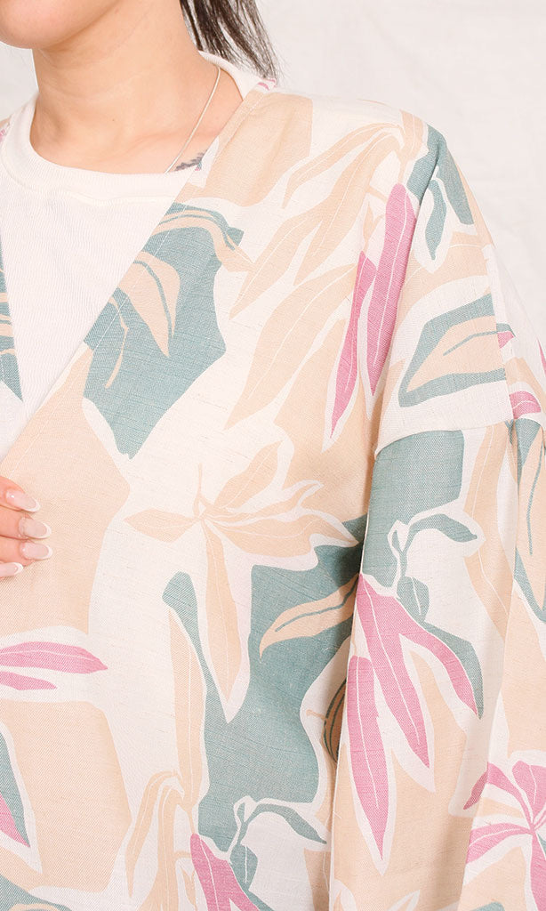 R206069 - Printed Linen Look Kimono - Beige & Green Floral