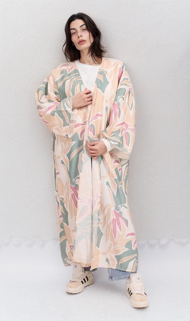 R206069 - Printed Linen Look Kimono - Beige & Green Floral