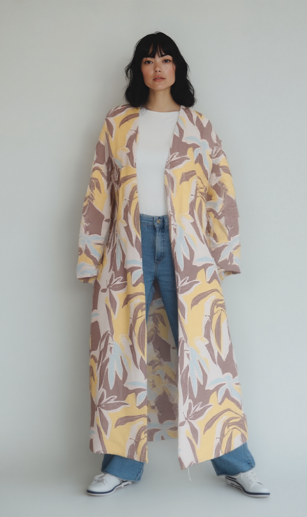 R206070 - Printed Kimono - Yellow Leaf Pattern