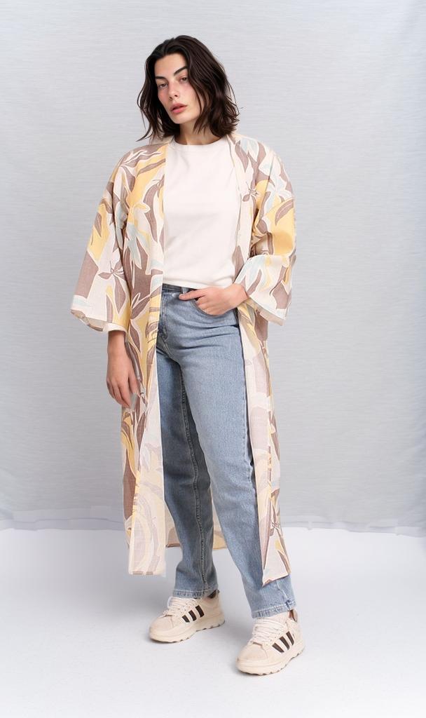 R206070 - Printed Kimono - Yellow Leaf Pattern