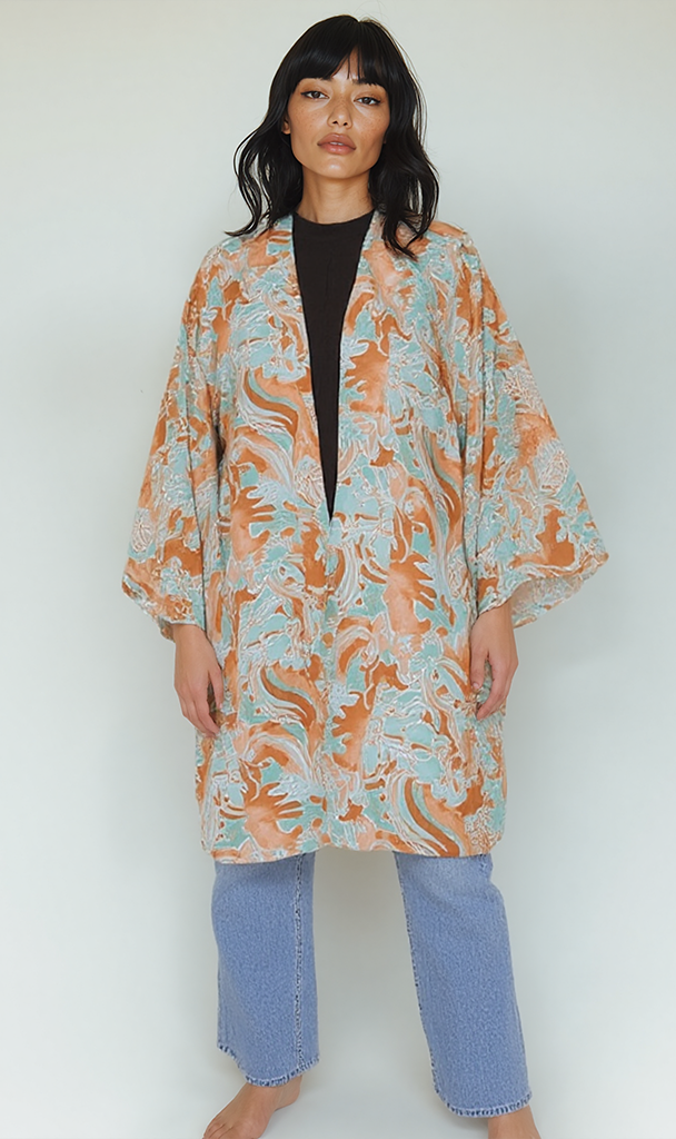 R206072 - Printed Chiffon Kimono - Blue & Orange Swirls