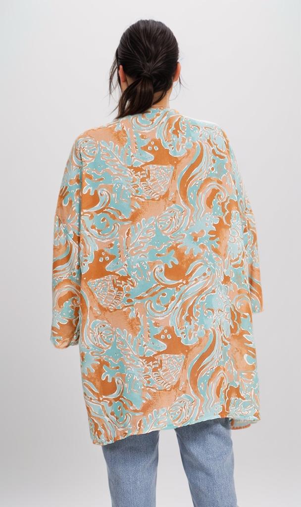 R206072 - Printed Chiffon Kimono - Blue & Orange Swirls