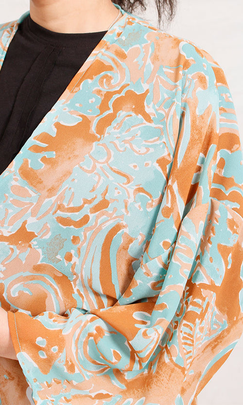R206072 - Printed Chiffon Kimono - Blue & Orange Swirls