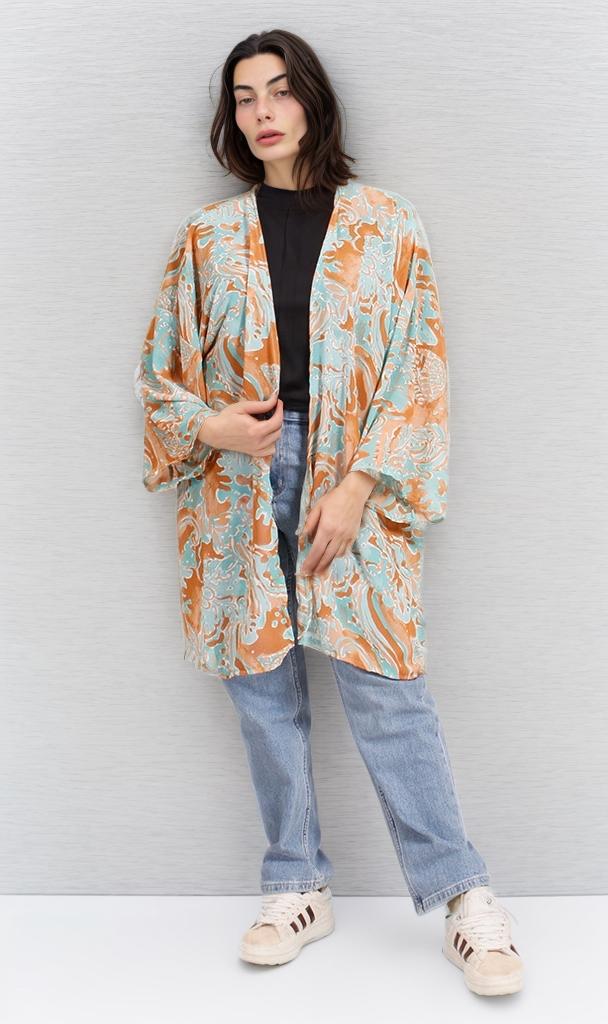 R206072 - Printed Chiffon Kimono - Blue & Orange Swirls