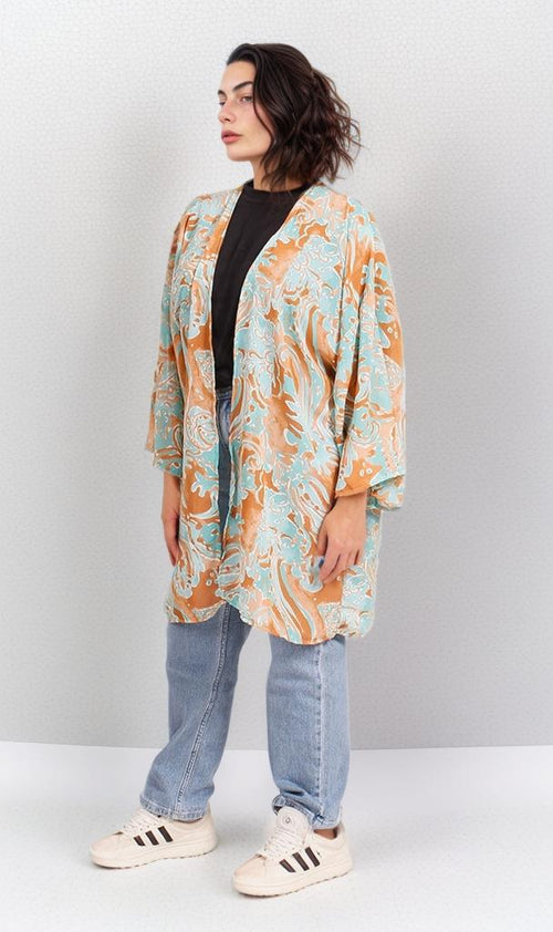 R206072 - Printed Chiffon Kimono - Blue & Orange Swirls