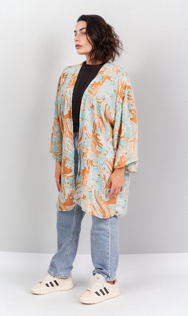 R206072 - Printed Chiffon Kimono - Blue & Orange Swirls