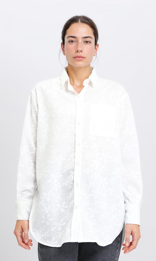 Long Sleeve Cotton Floral Shirt - White