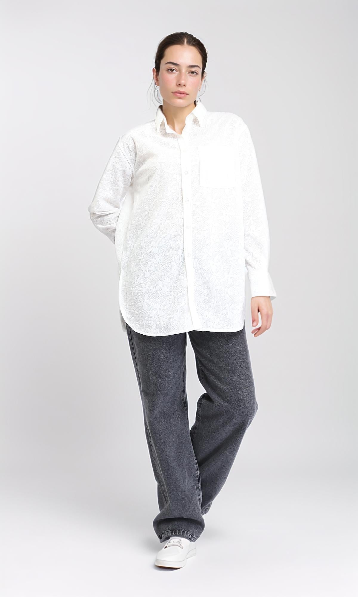 R206078 - Long Sleeve Cotton Floral Shirt - White