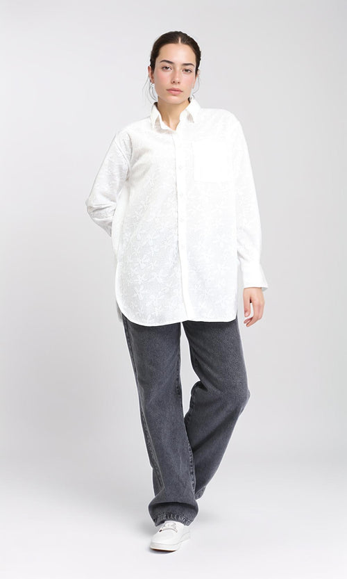 R206078 - Long Sleeve Cotton Floral Shirt - White