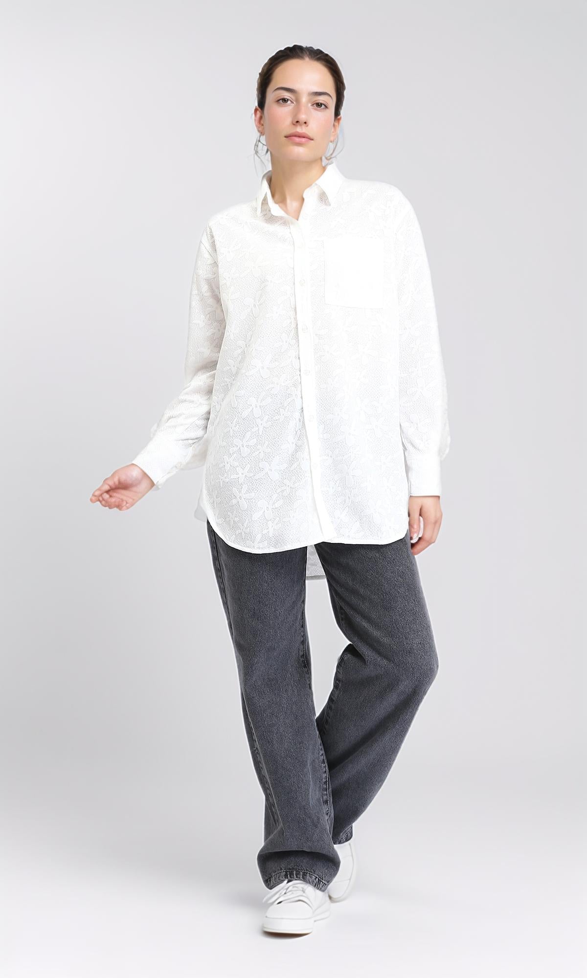 R206078 - Long Sleeve Cotton Floral Shirt - White
