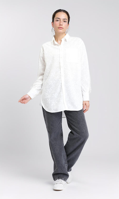 R206078 - Long Sleeve Cotton Floral Shirt - White
