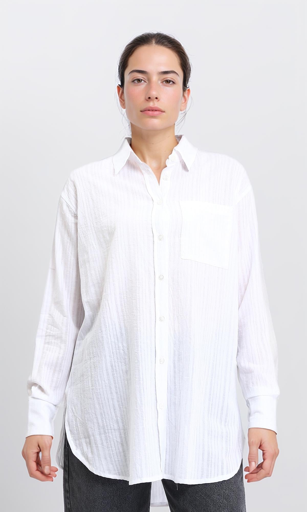 Self Striped Cotton Summer Shirt - White