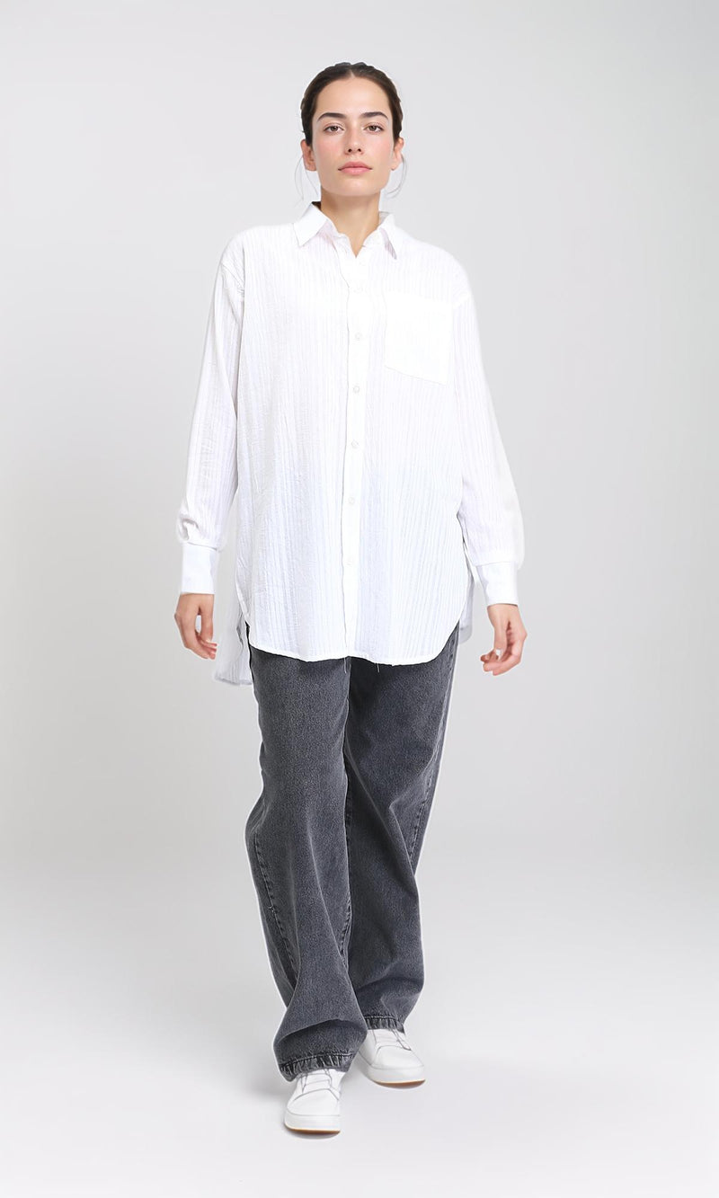 R206079 - Self Striped Cotton Summer Shirt - White