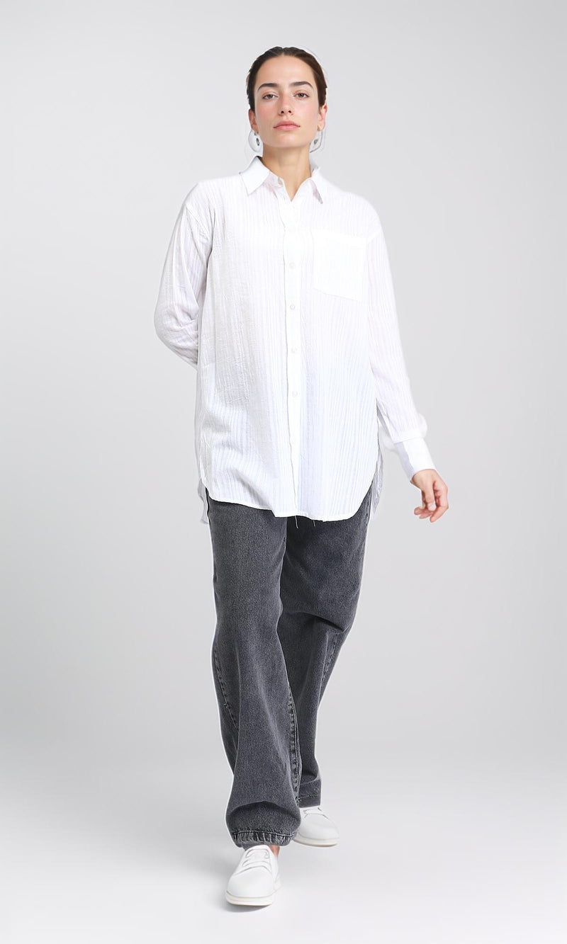 R206079 - Self Striped Cotton Summer Shirt - White