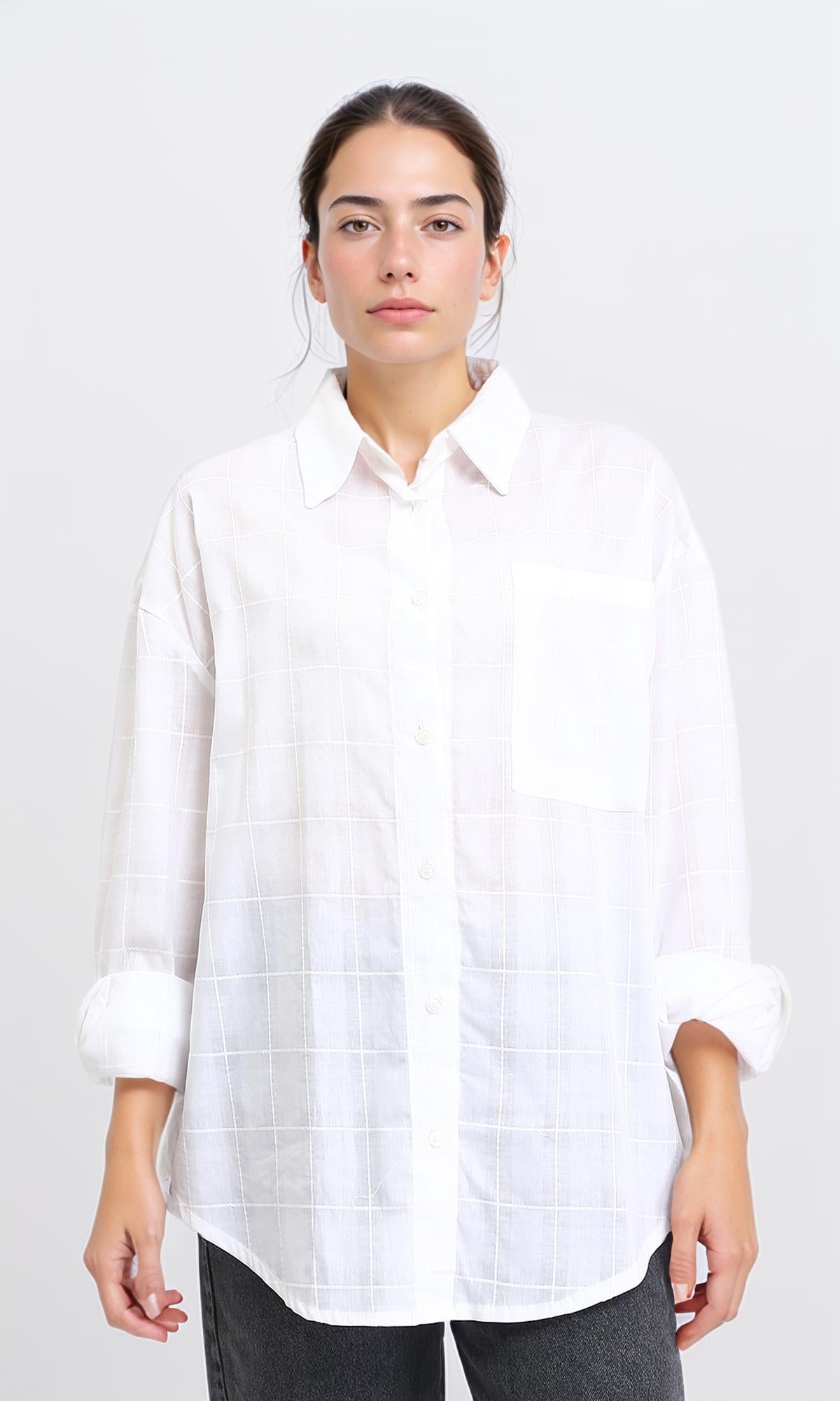 Turn Down Collar Plaids Shirt - White