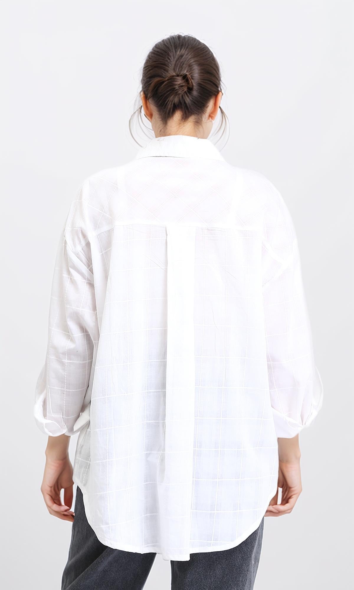 R206081 - Turn Down Collar Plaids Shirt - White