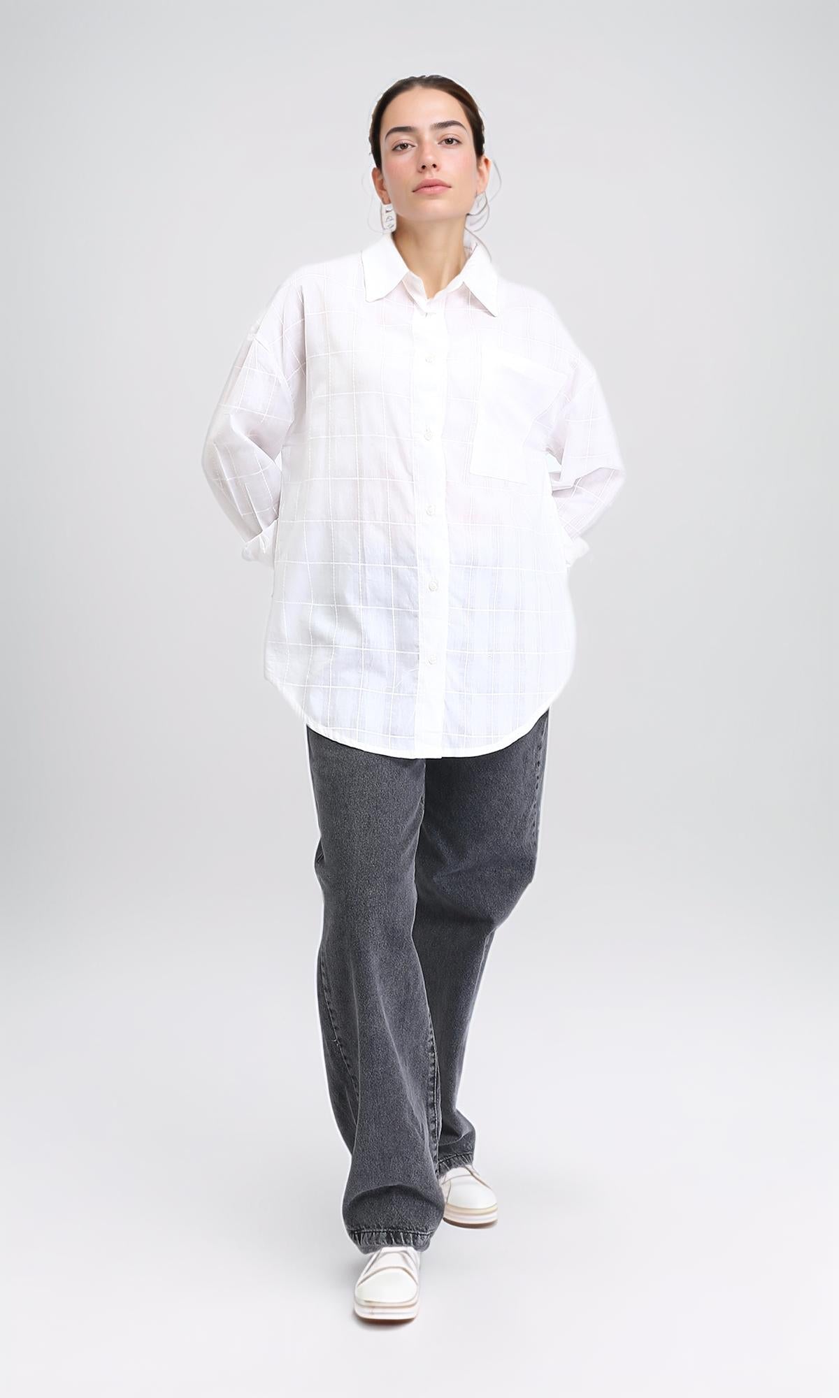 R206081 - Turn Down Collar Plaids Shirt - White