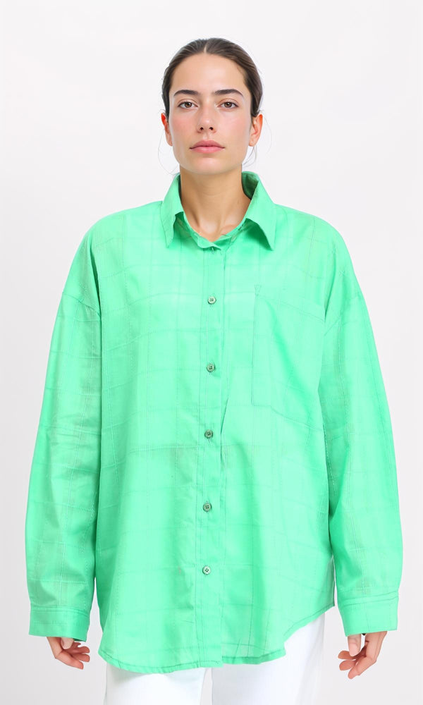 R206082 - Turn Down Collar Plaids Shirt - Green