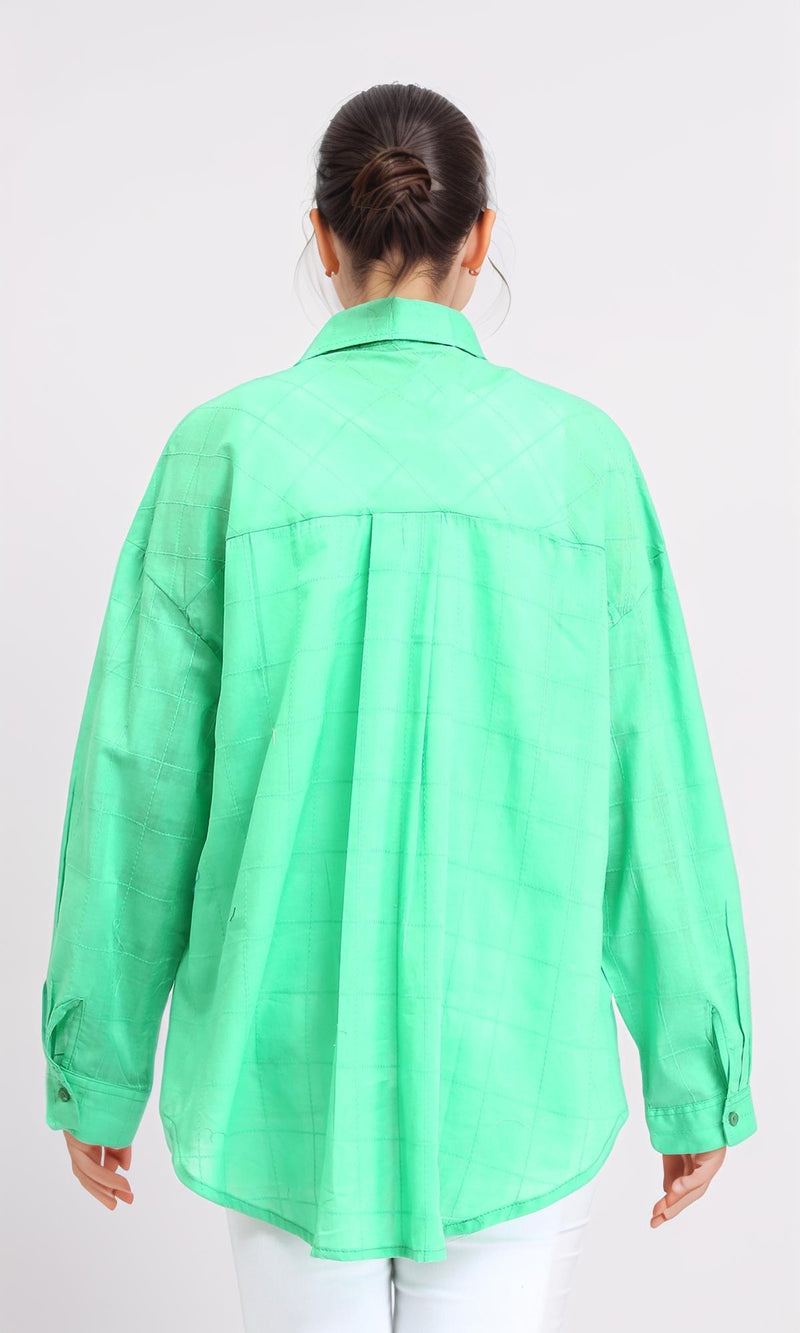 R206082 - Turn Down Collar Plaids Shirt - Green