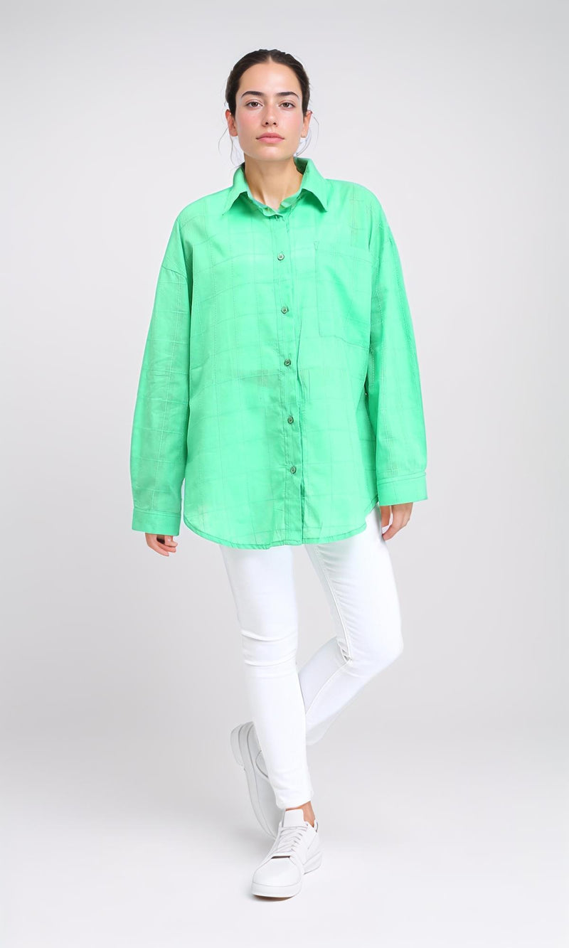 R206082 - Turn Down Collar Plaids Shirt - Green