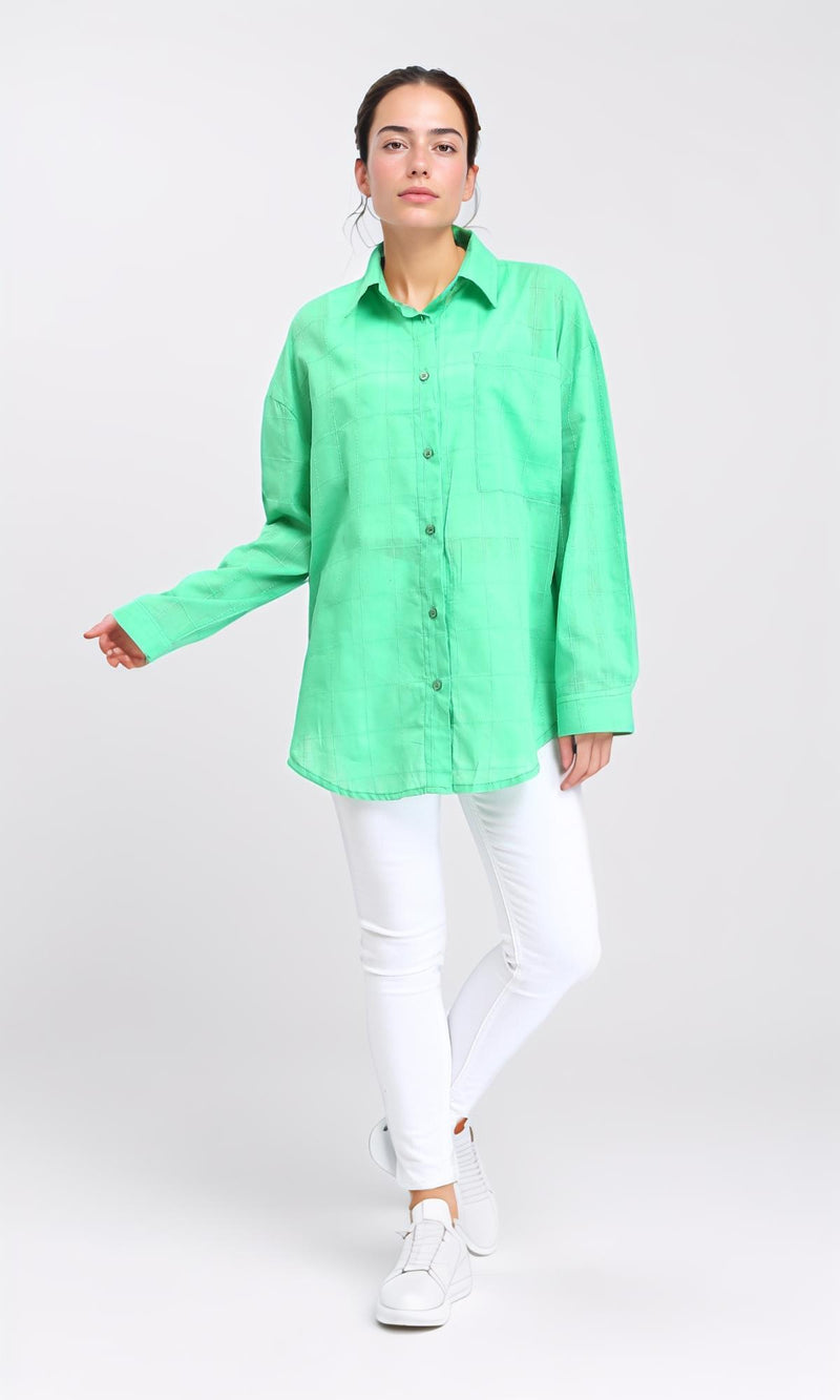 R206082 - Turn Down Collar Plaids Shirt - Green