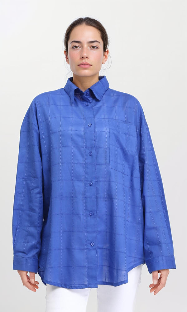 R206083 - Turn Down Collar Plaids Shirt - Blue