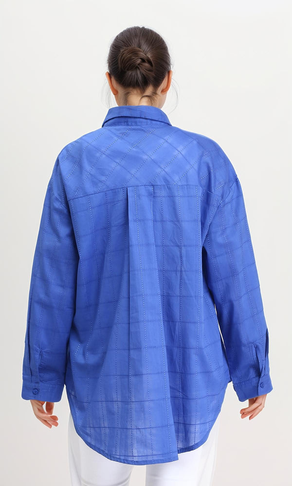 R206083 - Turn Down Collar Plaids Shirt - Blue