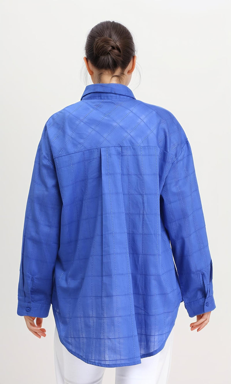 R206083 - Turn Down Collar Plaids Shirt - Blue