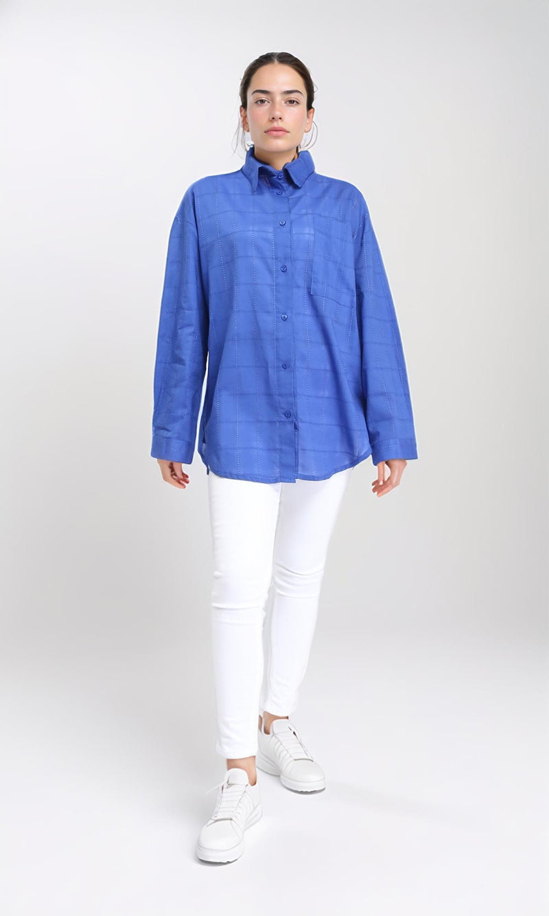 R206083 - Turn Down Collar Plaids Shirt - Blue