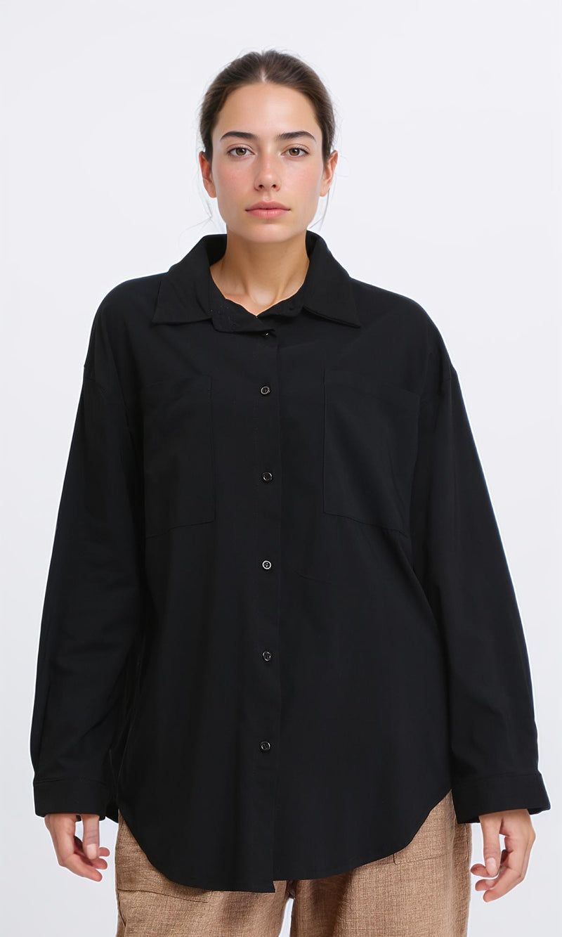R206084 - Solid High-Low Shirt with Front Pocket - Black