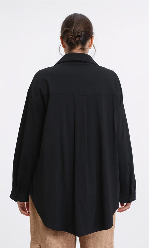 R206084 - Solid High-Low Shirt with Front Pocket - Black