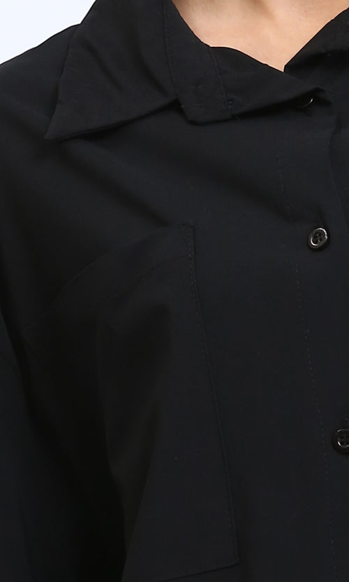 R206084 - Solid High-Low Shirt with Front Pocket - Black