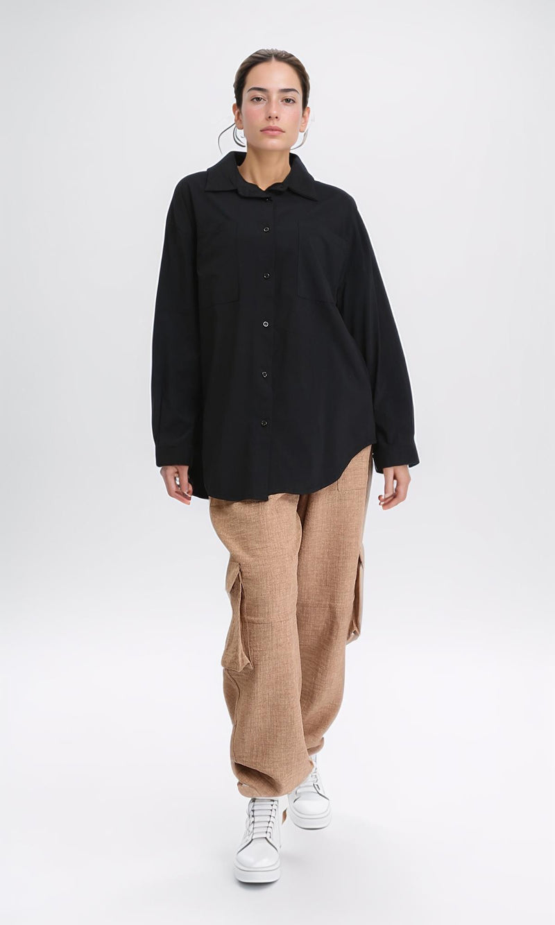R206084 - Solid High-Low Shirt with Front Pocket - Black