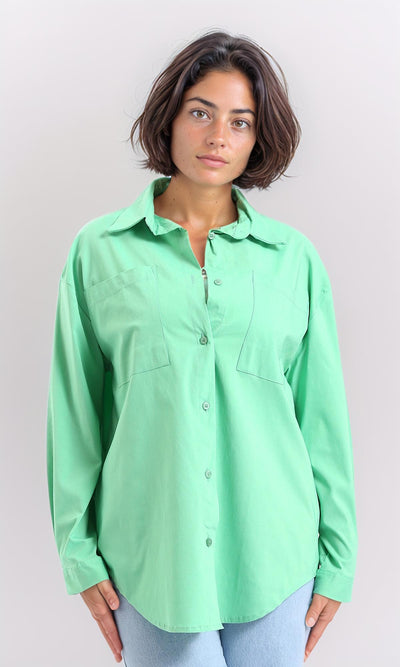Long Sleeve Solid Shirt with Front Pockets - Seafoam
