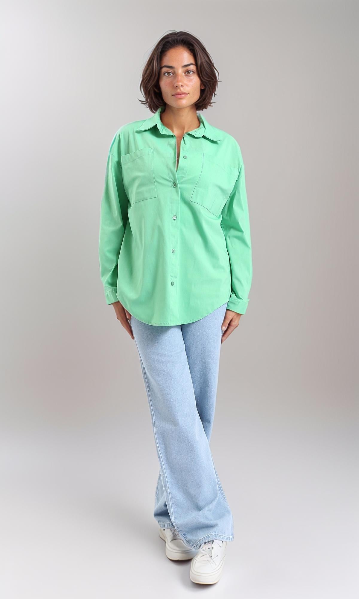 R206085 - Long Sleeve Solid Shirt with Front Pockets - Seafoam