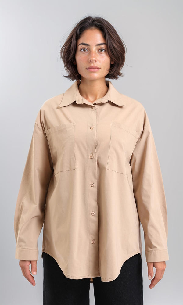 R206087 - Long Sleeve Solid Shirt with Front Pockets - Dark Beige