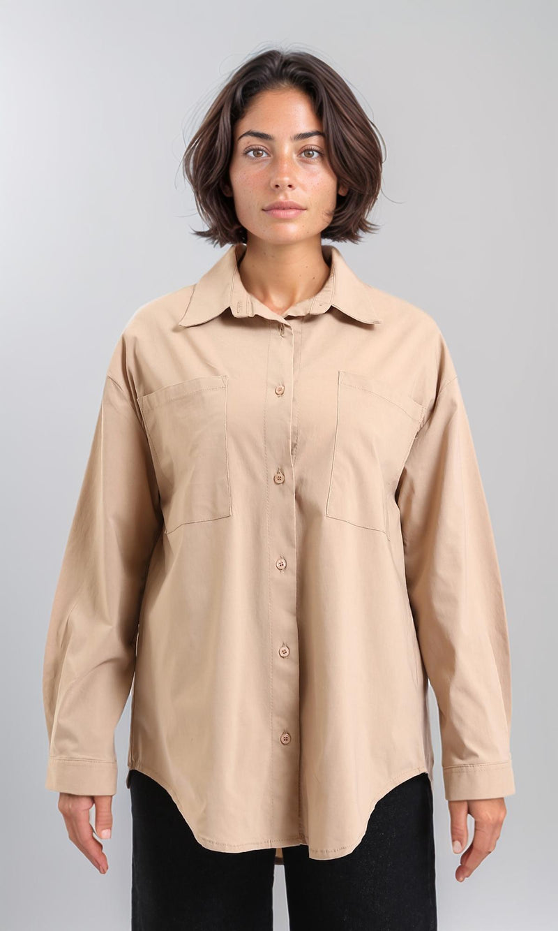 R206087 - Long Sleeve Solid Shirt with Front Pockets - Dark Beige