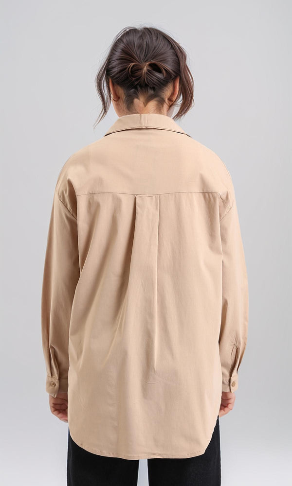 R206087 - Long Sleeve Solid Shirt with Front Pockets - Dark Beige