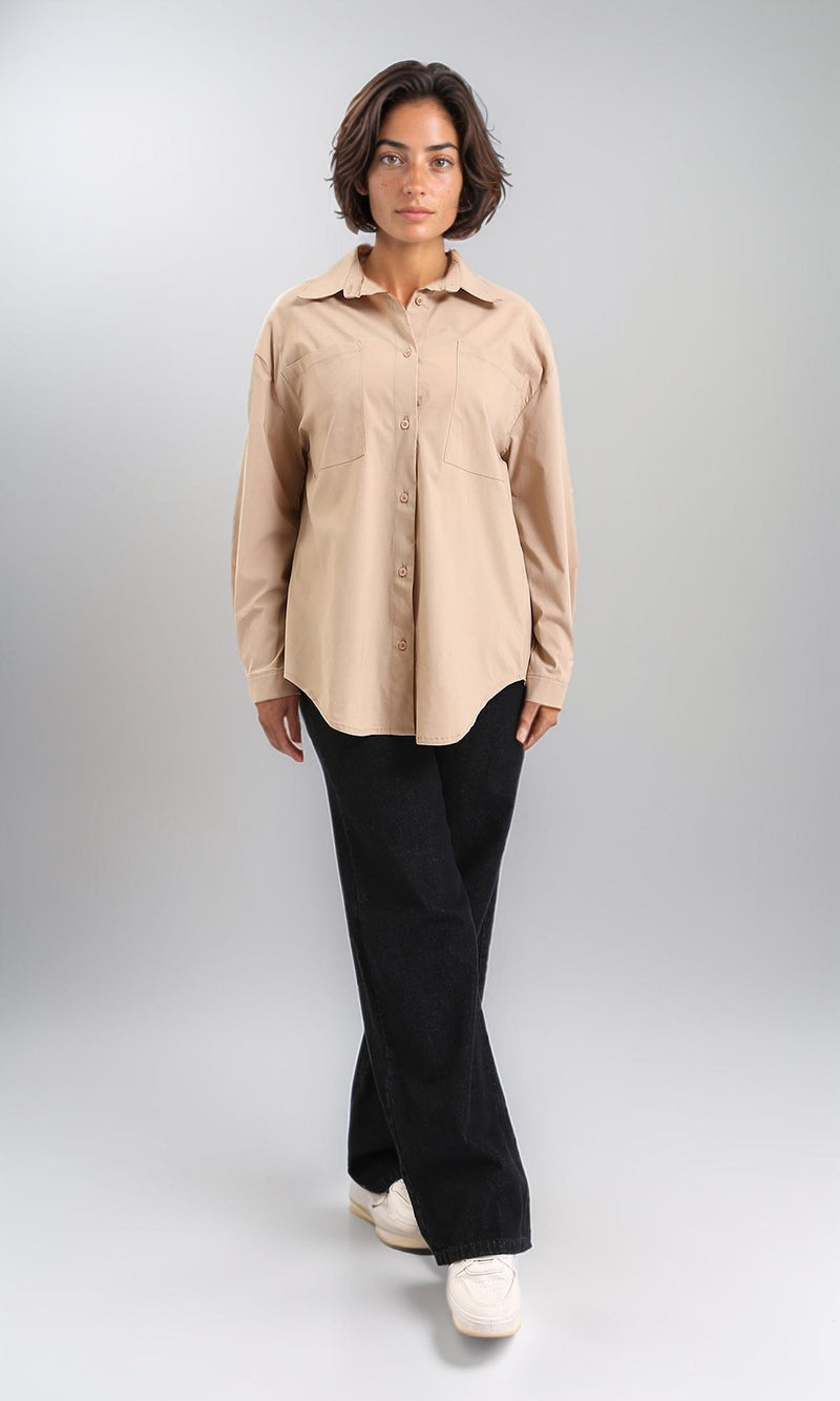 R206087 - Long Sleeve Solid Shirt with Front Pockets - Dark Beige